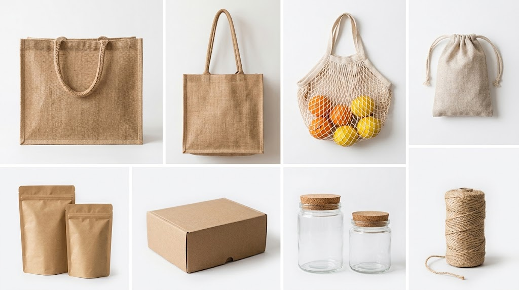 Sélection de sacs réutilisables et emballages écologiques proposés au sourcing